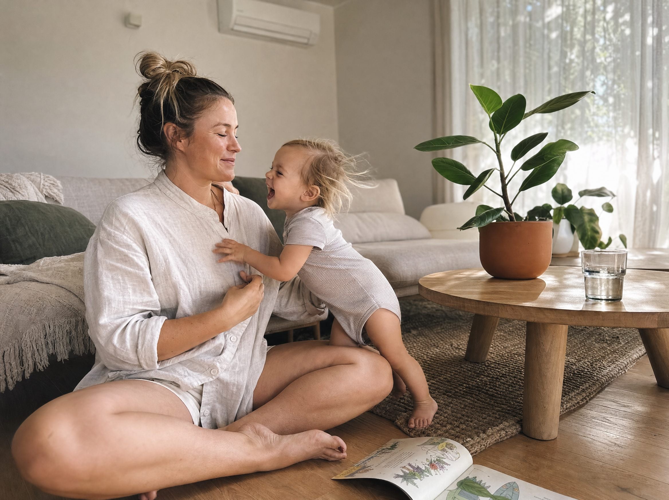 Mum and young child at home in soft natural light