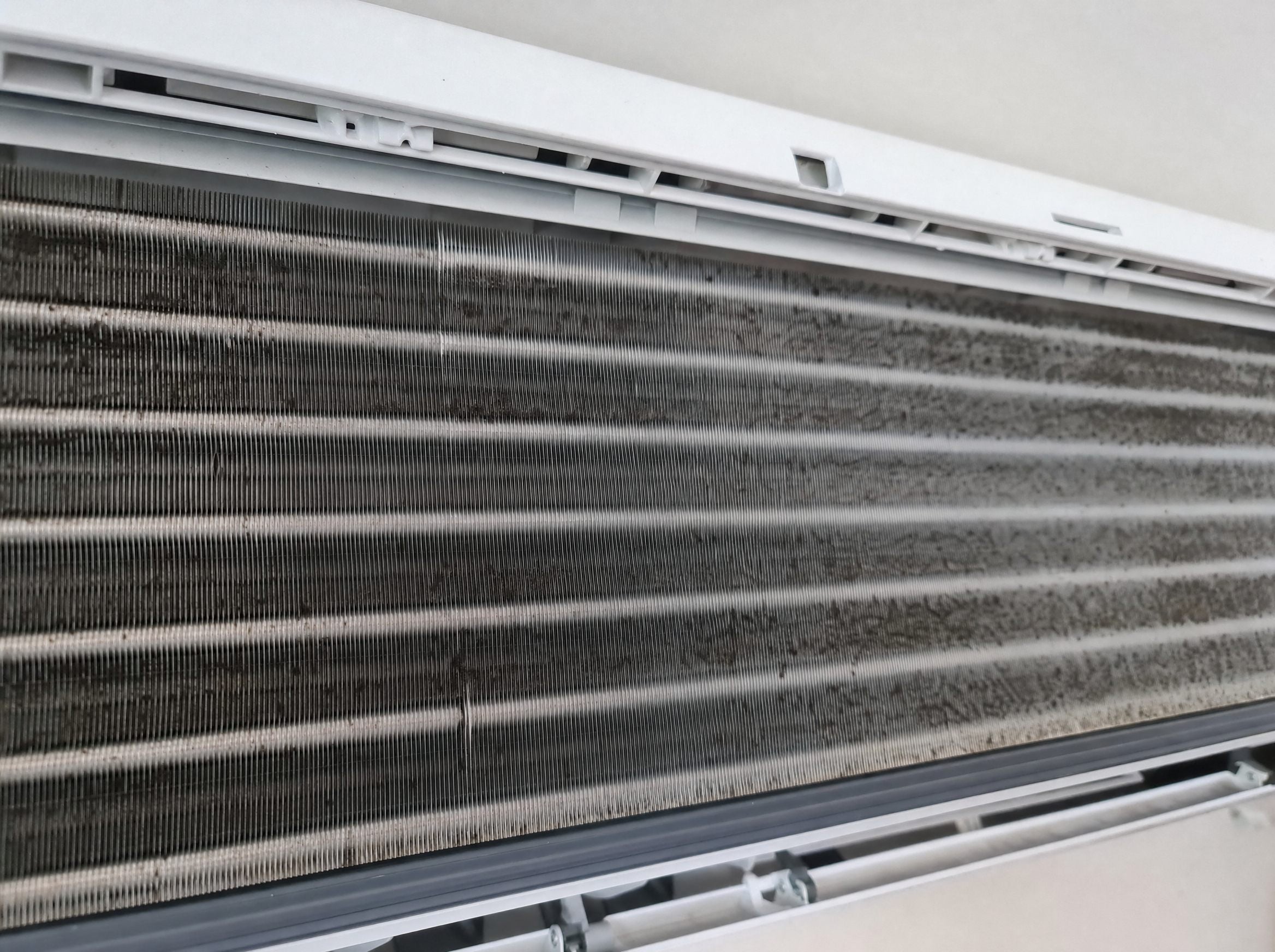 Close-up of a mould-affected split-system aircon coil